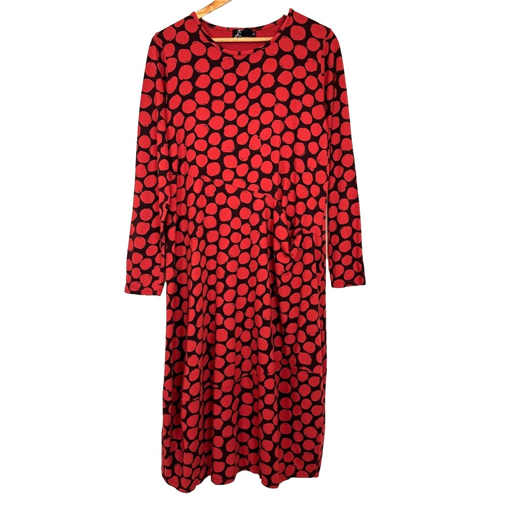 Fenini Art to Wear Midi Dress‎ Red Black Size M Made in USA Pocket Lagenlook